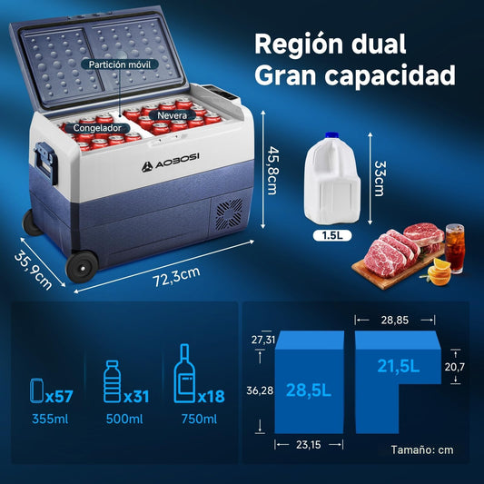 AAOBOSI Nevera Portátil 50 L con Ruedas, Doble Zona, App, USB, -20°C a 20°C
