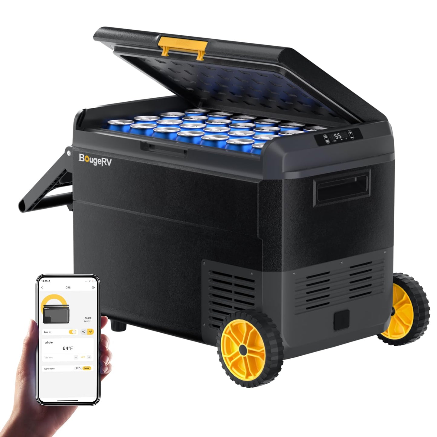 BougeRV CRS Nevera Compresor Portátil 50 L con Ruedas, App, IPX4, -20°C, 12/24 V y 220 V