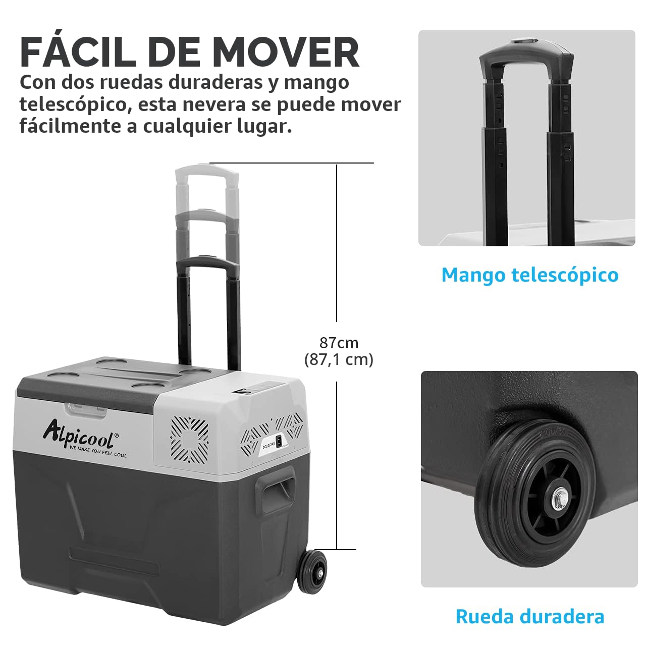 Alpicool CX40 Nevera Portátil 40 L, 12 V, USB, Barra Telescópica y Ruedas