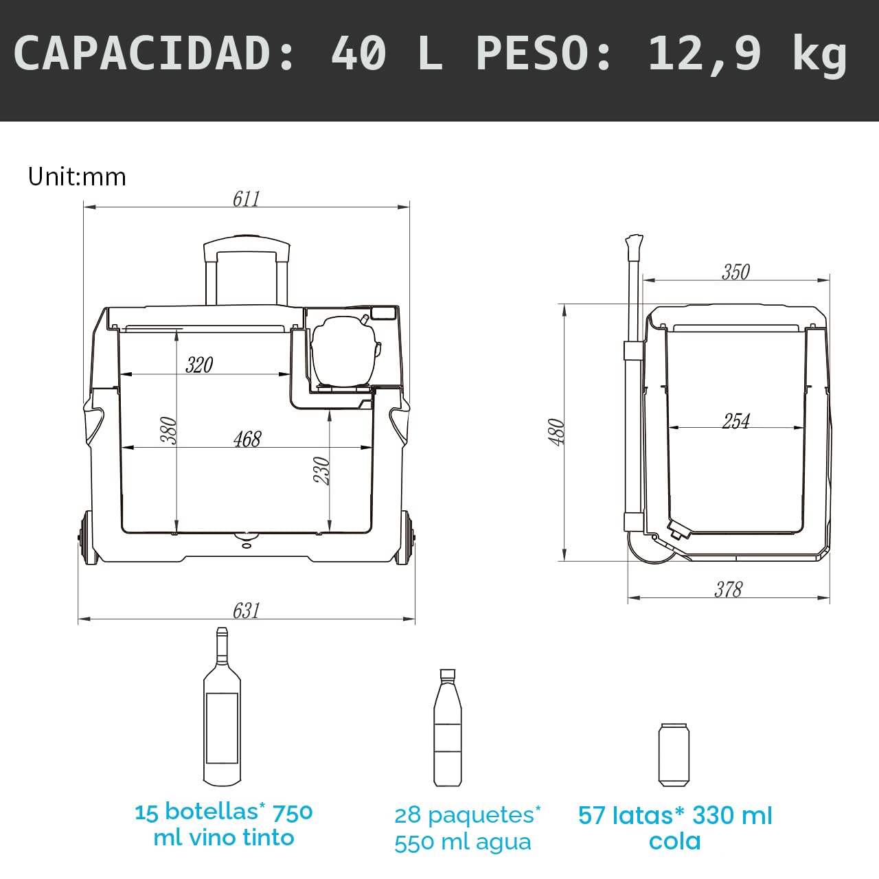 Alpicool CX40 Nevera Portátil 40 L, 12 V, USB, Barra Telescópica y Ruedas