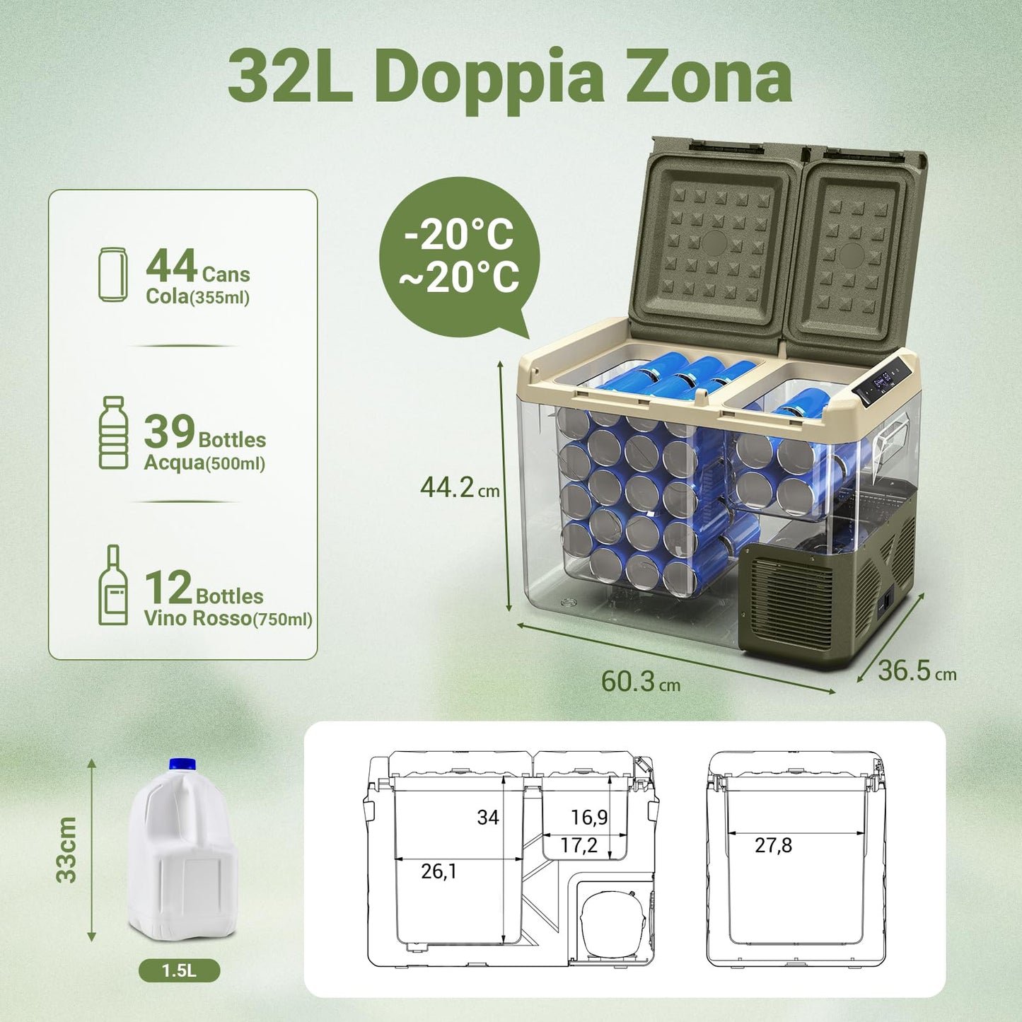 AAOBOSI Nevera Portátil 32 L, 12/24 V y 100-240 V, -20°C a 20°C, Para Coche y Camping