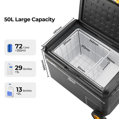 BougeRV CRS Nevera Compresor Portátil 50 L con Ruedas, App, IPX4, -20°C, 12/24 V y 220 V