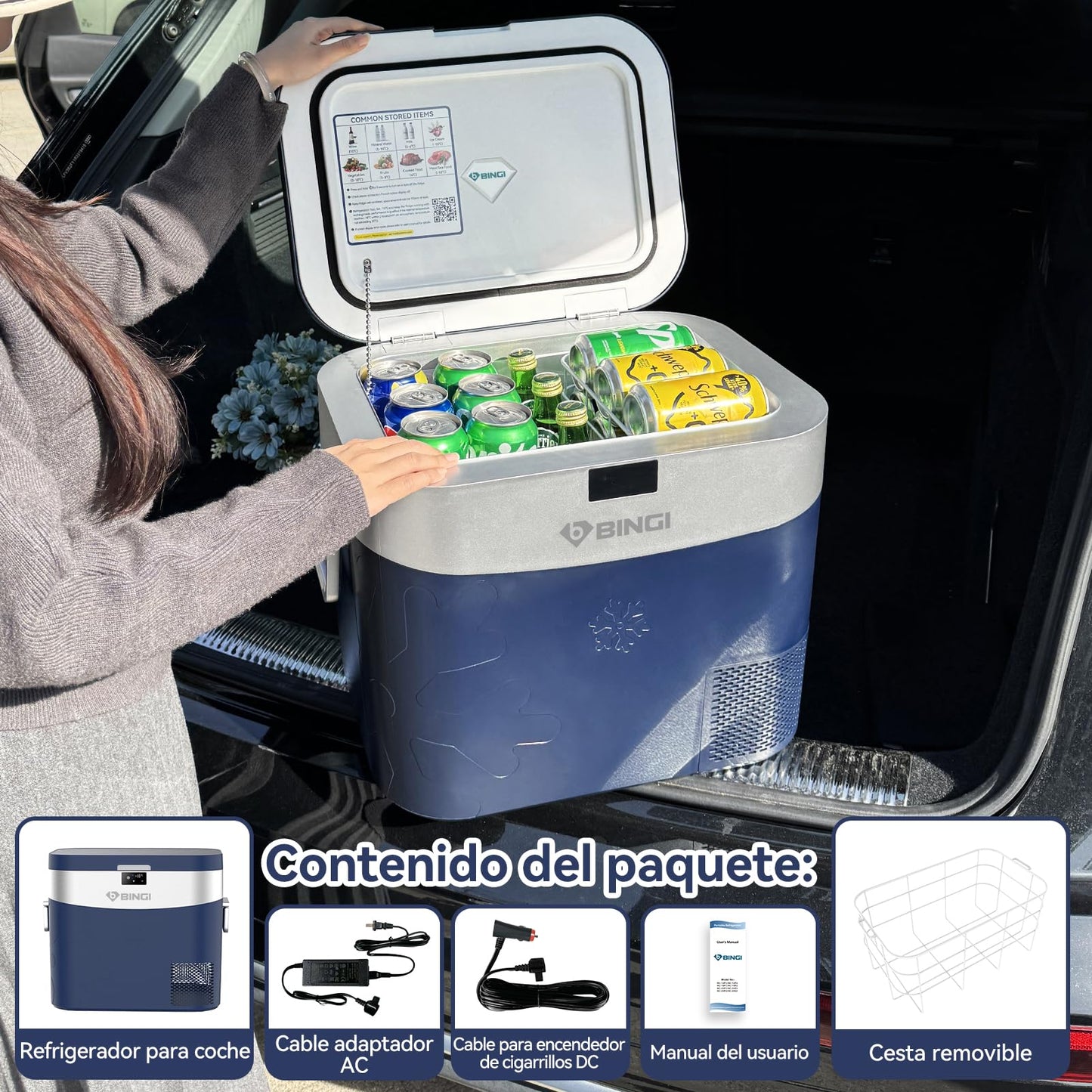 BINGI Nevera Portátil Eléctrica 22 L, Compresor 12/24 V, Refrigerador y Congelador